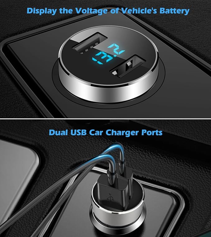 2 USB Car Charger,12V/24V Voltage Meter, Silver | Cigarette Lighter USB Adapter with LED Voltage Meter, 12V/24V Car Charger compatible for iPhone, Samsung, iPad, GPS, Dash Cam