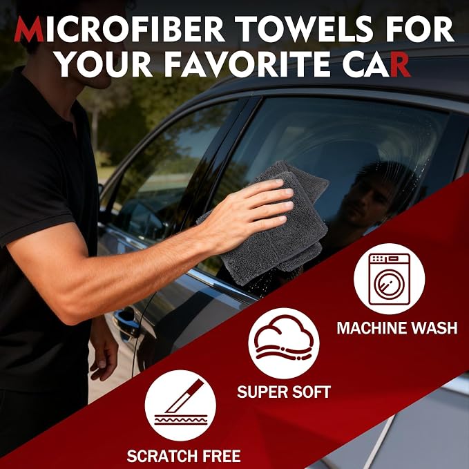 12 Pack Microfiber Cleaning Cloth for Cars, 12" X 12" Car Microfiber Towels, Soft, Absorbent and Lint Free Cleaning Cloth, Premium Wash Cloth for Car,Window and Household, Dark Grey