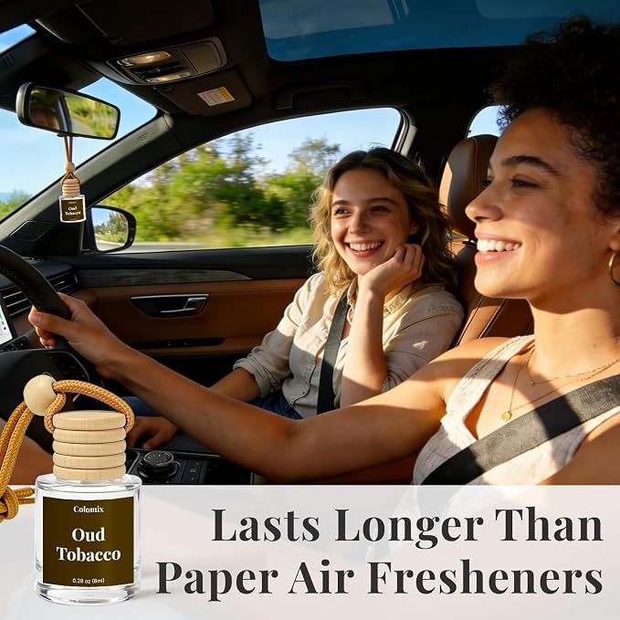 Car Air Freshener Oud Tobacco 2 Packs, Hanging Glass Bottle Auto Odor Eliminator, Long Lasting Natural Scent for Car Home Office