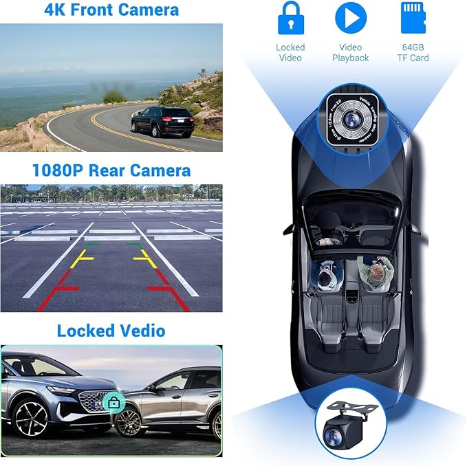 10.26" Wireless Portable Carplay Screen CarPlay & Android Auto Car Stereo 360 Rotation 4K Dash Cam 1080p Rear Camera Mirror Link Voice Control GPS Navigation(SD Card Excluded)