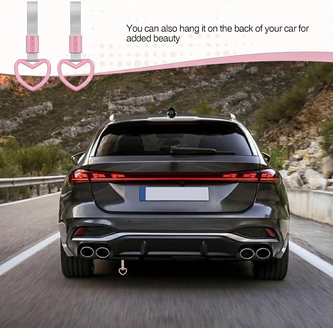 2PCS Heart Shaped Car Handle Straps, Rear Bumper Warning Keychain Ring for Car Exterior Accessories (Pink-Silver)