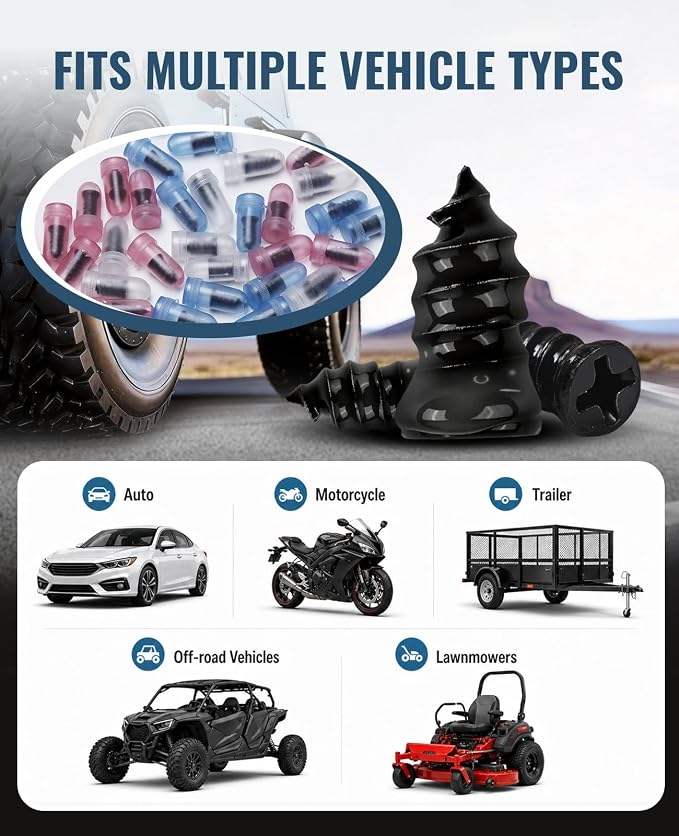 Tire Repair Kit with Tire Plugs Screw Type, Heavy Duty Flat Tire Puncture Repair Nail Kit for Car, Truck, Motorcycle, SUV, ATV, Tractor
