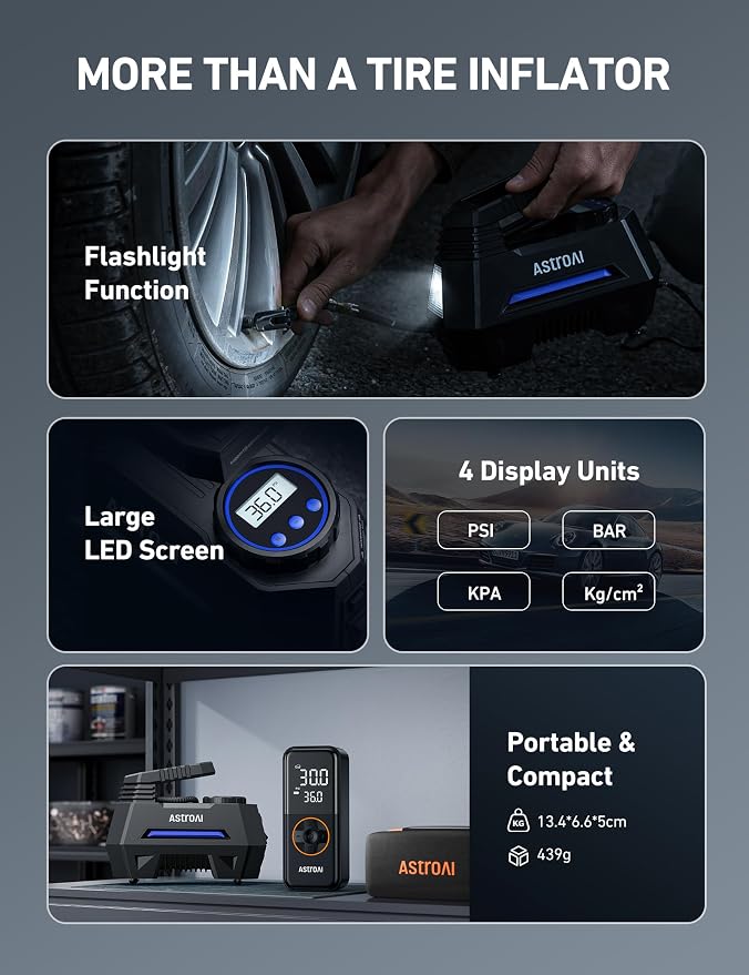 AIRUN H Tire Inflator Portable Air Compressor,Fast Inflation Electric Air Pump for Car Tires-Car Accessories,9.8Ft Cord-12VDC-Powered Auto Shut-Off with Digital Pressure Gauge,LED Light,Blue