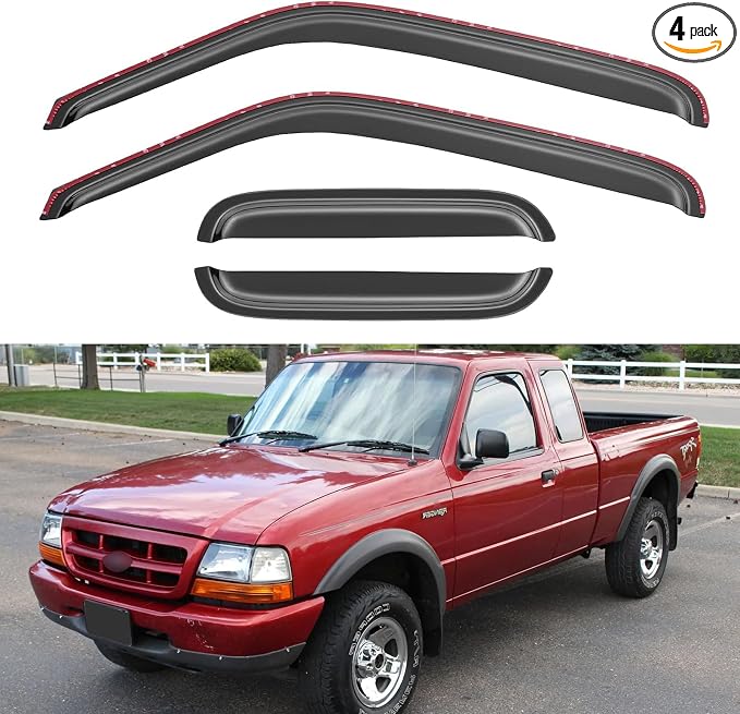 in-Channel Window Visors Rain Guards Shield for 1993-1998 Ford Ranger SuperCab, Window Vent Wind Deflectors Visors Shades for 93-98 Ranger Extended Cab
