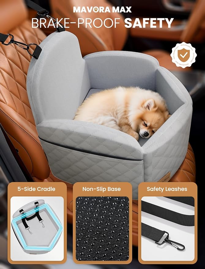 Dog Car Seat for Small/Medium Dogs, Elevated Dog Booster Seat Memory Foam Puppy Car Seat with Washable Cover, Travel Safety Pet Seat for Car with Storage Pockets Up to 35 lbs (Grey)