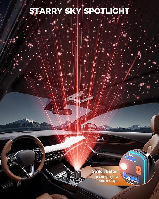 Retractable Car Charger, 69W Car Charger Adapter for iPhone 17 USB C Charger Fast Charging with Starry Light, Car Accessories Compatible with iPhone 17/16/15/14/13/12, iPad, Android, Pixel