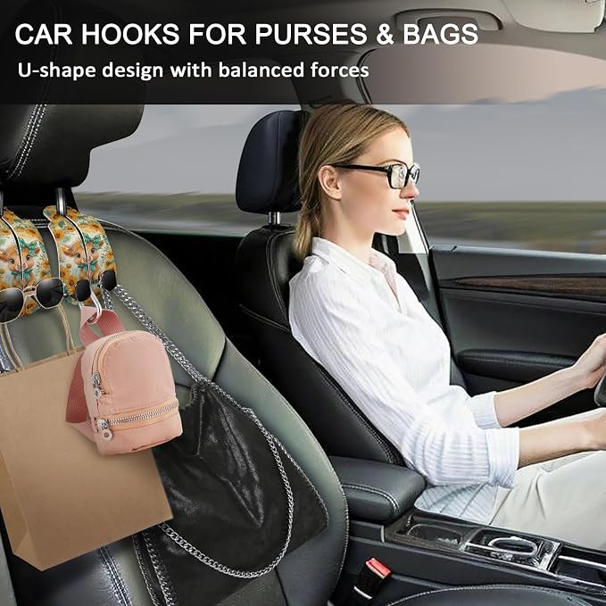 2PCS Car Hooks for Purses Bags, Highland Cow Cattle Artwork Modern Seat Back Storage Headrest Holder Hanger PU Leather Double Metal Backseat Organizer, Women Car Accessories Organization