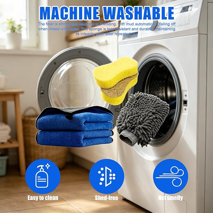 6-Pack Car Cleaning Kit: 2 Scratch-Free Microfiber Wash Mitt, 2 Car Wash Sponge & 2 Microfiber Towels for Cars – Complete Car Wash Set for a Streak-Free Shine