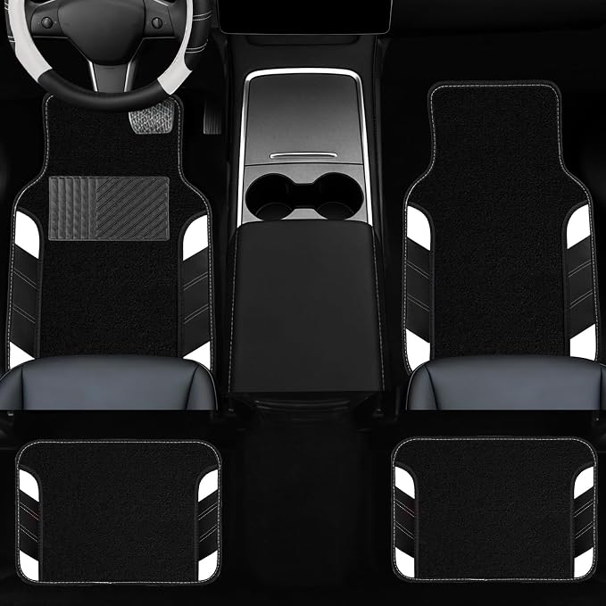 10 Pcs Car Floor Mats Full Set & Sport Leather Steering Wheel Cover 14.5-15 inch, Center Console Cover, Seat Belt Cushion, Cup Holder Coaster, Universal Automobile Interior Sets (White)