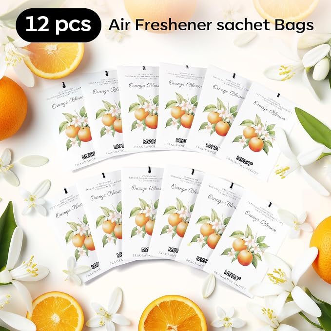 12 Packs Orange Scented Sachets - Fragrance for Closet, Drawer, Bathroom, Car - Air Freshener Deodorizer Packets