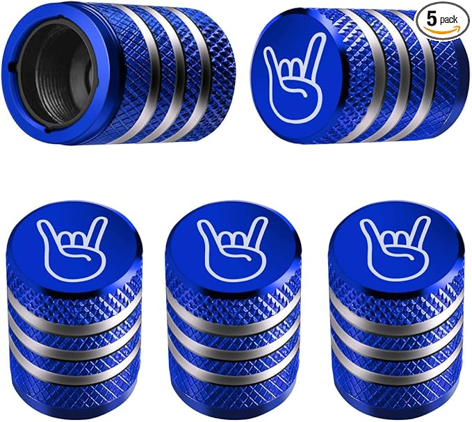 Tire Valve Stem Cap Cover - (5 Pack) Tire Air Cap Metal with Plastic Liner Corrosion Resistant Leak-Proof Rock and Roll for Car Truck Motorcycle Bike Blue
