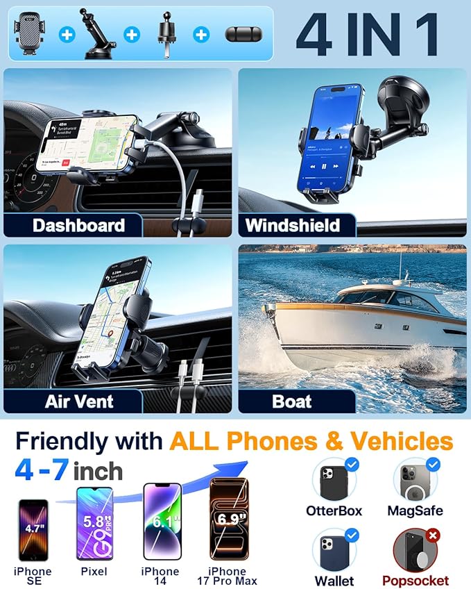 YRU True Military-Grade [360° Rotation Suction] 2026 Ultimate Car Phone Holder Mount 【90+LBS Safest Strongest & Patent Certs】 Dashboard Windshield Vent for iPhone 17 16 Pro Max Samsung, Matt Black