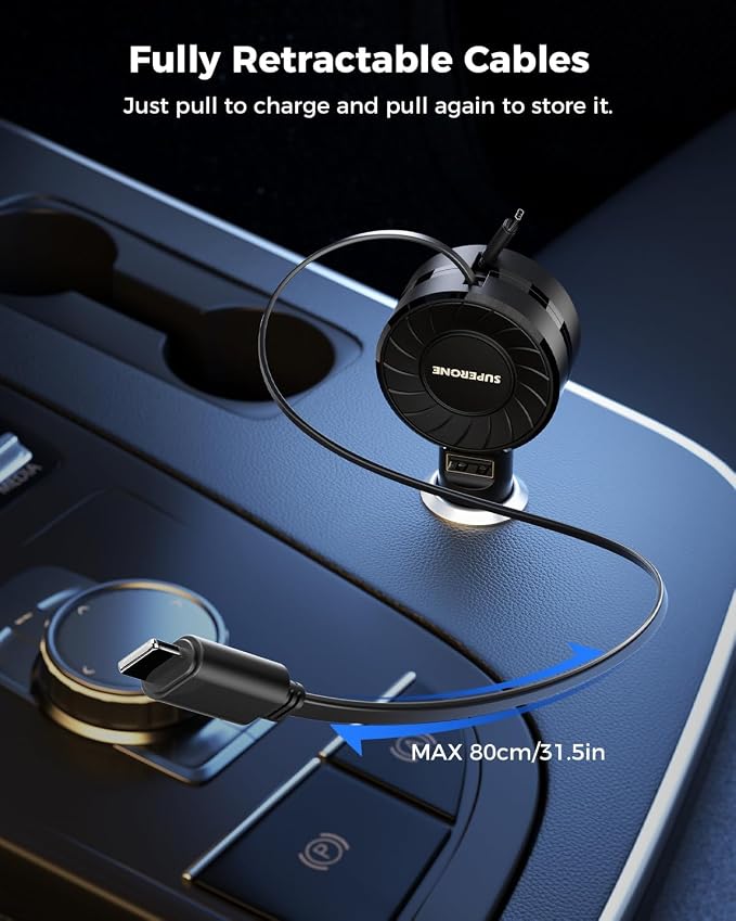 Retractable Car Charger, Small iPhone Car Charger Fast Charging, Car Phone Charger with USB C and Apple Cord, Car Charger Adapter Compatible with iPhone 17/16/15/14/13 Samsung Galaxy and More