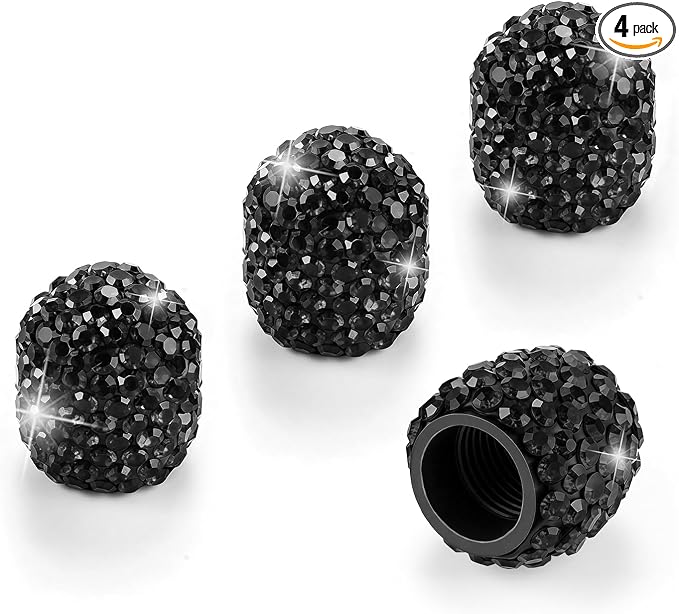 4 Pack Handmade Crystal Rhinestone Car Tire Valve Stem Caps, Wheel Valve, Attractive Dustproof Bling Accessories, Universal for Cars, Trucks and Motorcycles-Black