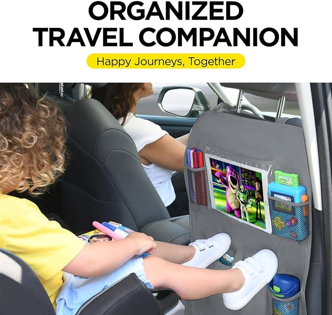 X-Large Grey Back Seat Protector For Kids + 5 Pocket Storage Organizer, 2 Pack