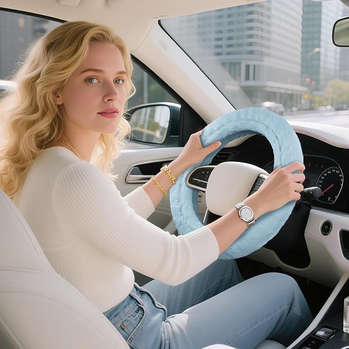 Steering Wheel Cover, Fluffy Car Wheel Covers for Women/Girls/Ladies，Soft Wool Fur Steering Wheel Protector, Universal 14 1/2 inches to 15 inches - Blue