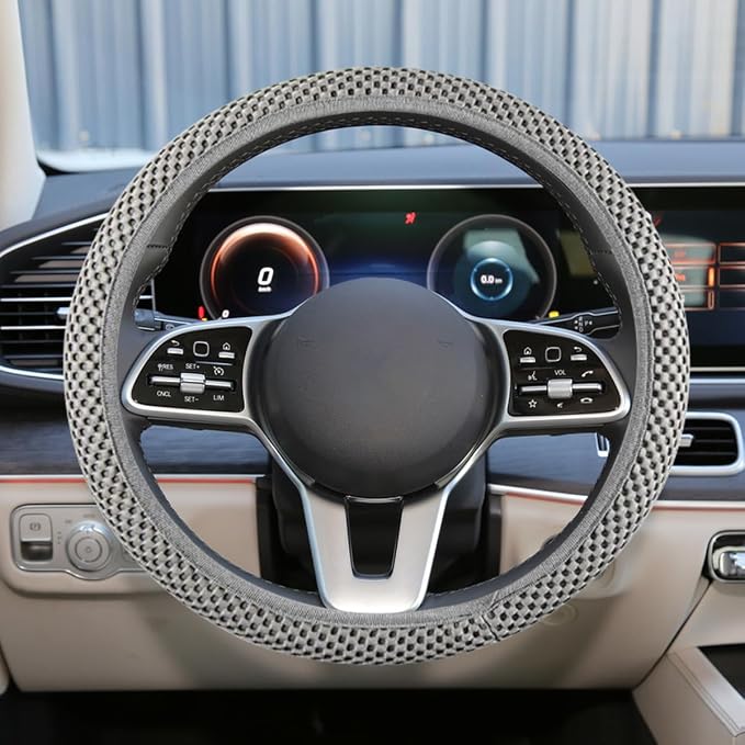Elastic Stretch Steering Wheel Cover, 15" Breathable Microfiber Ice Silk Steering Wheel Protector, Universal Anti-Slip Car Warm in Winter&Cool in Summer Accessories for Men Women (Gray)