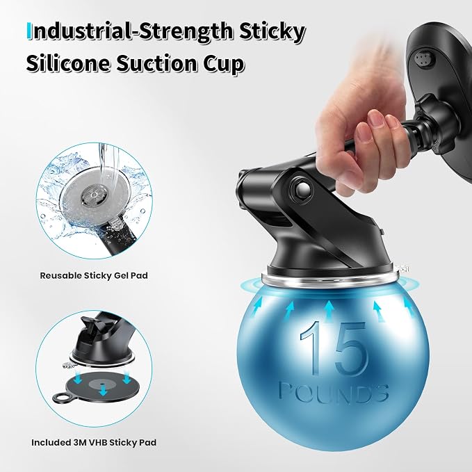 Suction Cup Phone Holder Windshield/Dashboard/Window, Suction Cup Car Phone Mount with Strong Sticky Gel Pad, Compatible with iPhone, Samsung & All Cellphones, Matte Black