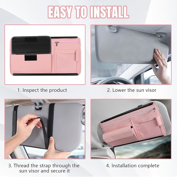 Car Visor Organizer, Leather Multi-Pocket Auto Sun Visor Storage Pouch with Sunglasses Holder, Card Holder, Zipper Pocket, Net Pocket, Pen Slot, Universal Interior Car Accessories (Pink)