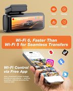 4K Dash Cam Front and Rear, WiFi 6 Dash Camera for Cars, 4K+1080P Dual Dash Camera with APP Control, Night Vision, WDR, G-Sensor, Loop Recording, 24H Parking Mode, Voice Prompt