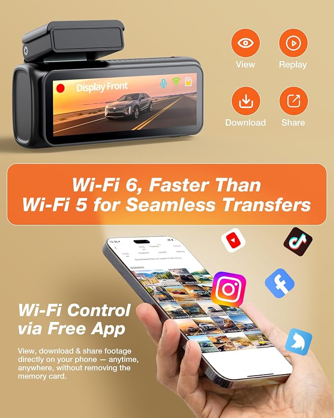 4K Dash Cam Front and Rear, WiFi 6 Dash Camera for Cars, 4K+1080P Dual Dash Camera with APP Control, Night Vision, WDR, G-Sensor, Loop Recording, 24H Parking Mode, Voice Prompt