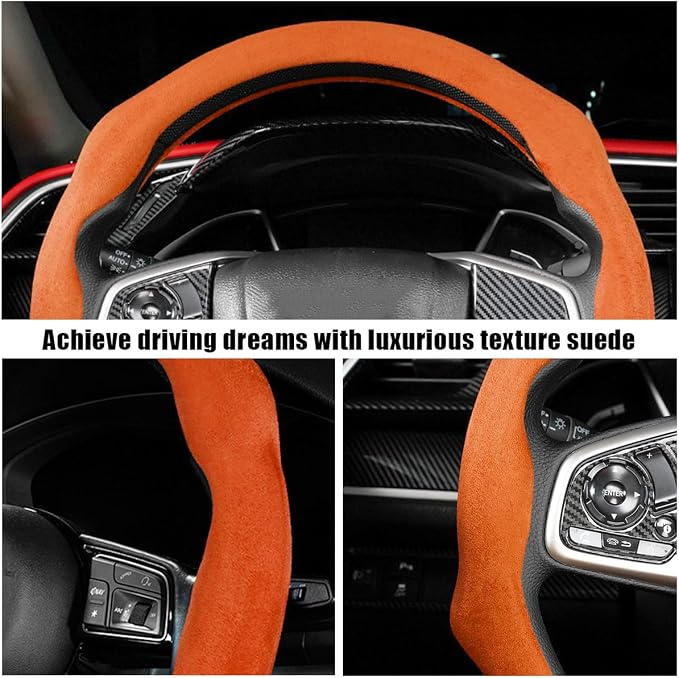 Mandark Car Steering Wheel Cover, Suede Sport Vehicle Steer Wheel Protector Fitting 15 Inch, Non-Slip Comfortable Automotive Interior Decoration Accessories, Universal for Most Cars (Orange)
