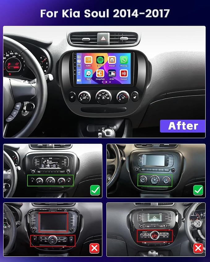 2+64GB for Kia Soul 2014 2015 2016 2017 (Manual A/C) Android Car Stereo Wireless Carplay Android Auto 9 Inch Touchscreen Car Radio GPS Navigation WiFi Bluetooth FM EQ+Backup Camera