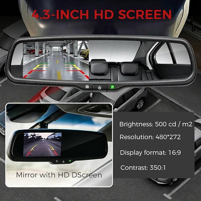 4.3 inch Car Mirror Monitor, 480 x 272 Resolution, 500 cd / m2 HD Reverse Camera System, Camera Monitor Parking Aid with Bracket, Suitable for Trucks and Vans