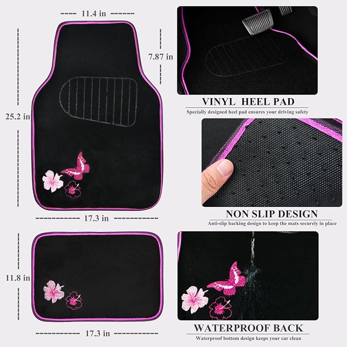 Universal Cloth Butterfly Car Seat Covers Full Set, Embroidered Flower Waterproof Car Floor Mats Carpet, Butterflies Steering Wheel Cover for Car Accessories Interior Sets (Black and Pink)