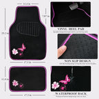 Universal Cloth Butterfly Car Seat Covers Full Set, Embroidered Flower Waterproof Car Floor Mats Carpet, Butterflies Steering Wheel Cover for Car Accessories Interior Sets (Black and Pink)