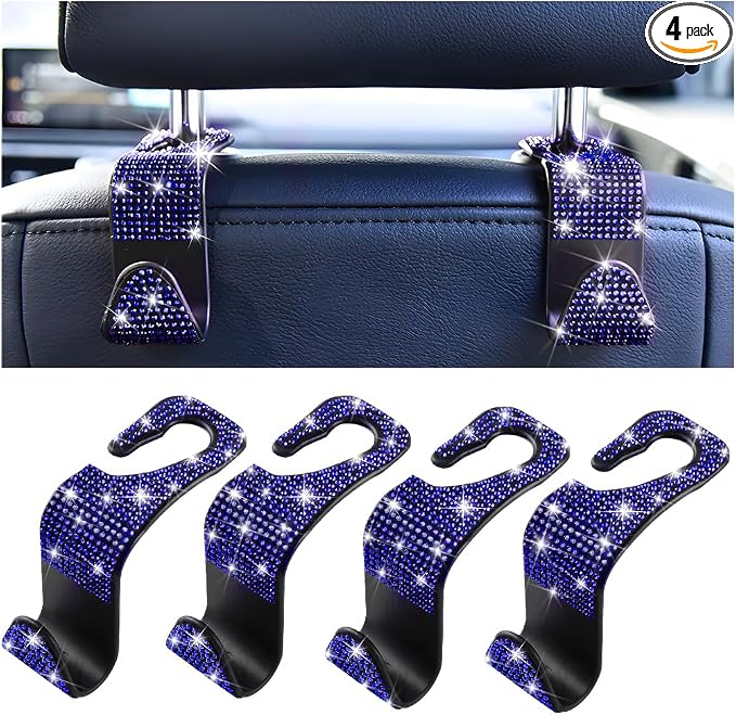 Mandark 4PCS Bling Car Seat Headrest Hooks, Crystal Rhinestone Vehicle Seat Back Hanger for Grocery Purses Handbags, Diamond Auto Seatback Storage Organizer Hanger, Universal for Most Cars (Blue)