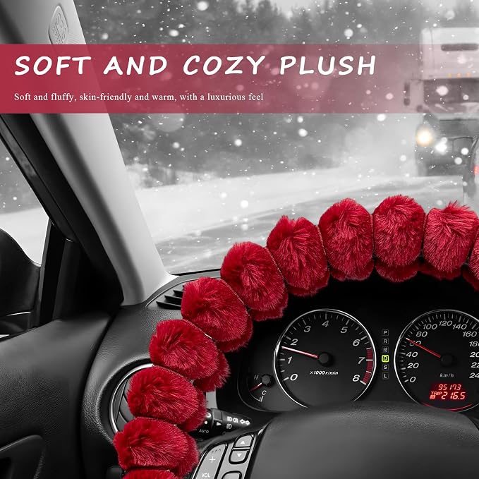 Sun Walker Fluffy Car Steering Wheel Cover, Soft Plush Anti-Slip Steering Wheel Protector for Warm Winter, Fuzzy Comfortable Wheel Cover Auto Interior Accessories for Women Girl (Red)