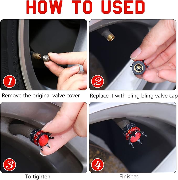 4 Pieces Crown Tire Valve Stem Caps Bling Handmade Crystal Rhinestone Universal Chrome Crown Vehicle Car Tire Caps Covers, Attractive Accessories for Car (Red and Black)