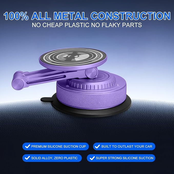 All-Metal Alloy Long Arm Magnetic Suction Cup Car Phone Mount(Purple) | Strong Powerful Magnetic Heavy-Duty Windshield Dash 360° Mechanical Rotation Cell Mobile Phone Vehicle Bracket for All Cars