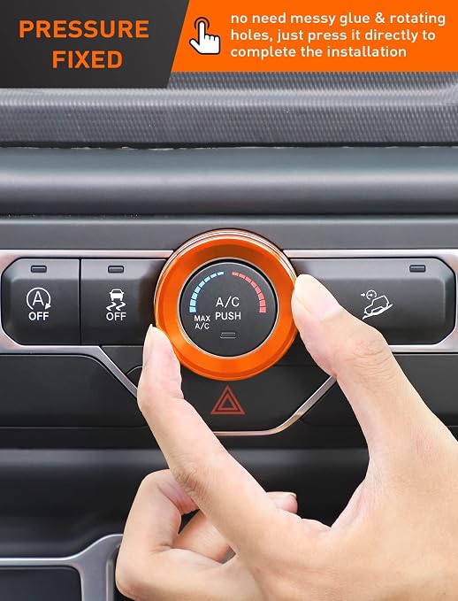 HVAC Climate Control Panel Knob Trim Kit & Light Control Switch Cover, Air Conditioner Knob Aluminum Alloy Ring for 2018-2024 Jeep Wrangler JL JLU & Gladiator JT, Interior Accessories Orange