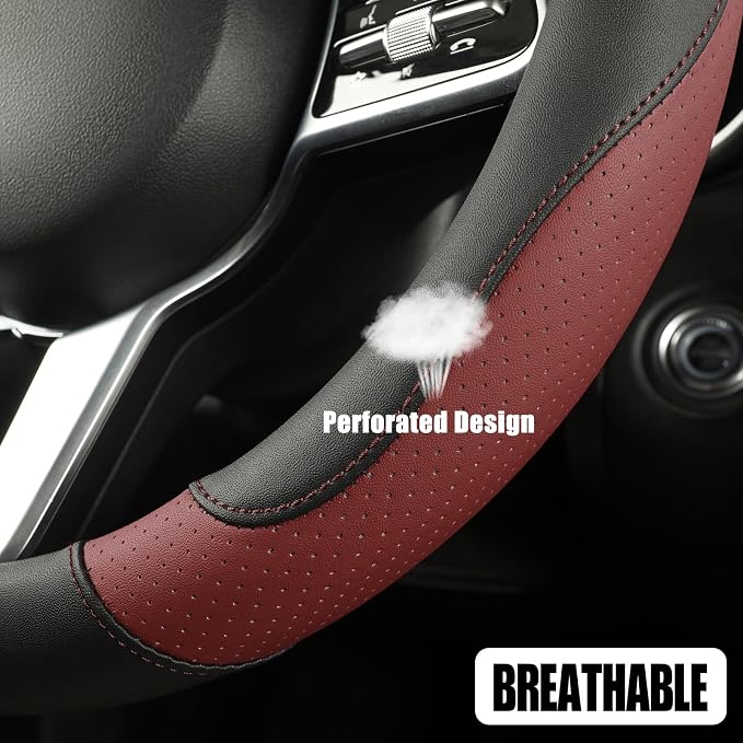 Black Burgundy Breathable Microfiber Leather Steering Wheel Cover | Breathable Anti Slip Grip Cool Sporty Look Glow for Women Men