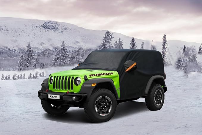 Half Car Cover Custom Fit for Jeep Wrangler 2 Door CJ YJ JK JL, Windshield Cover for Ice and Snow Top with Reflective Straps, Roof Cover Waterproof All Weather Dust, Sun Protection.