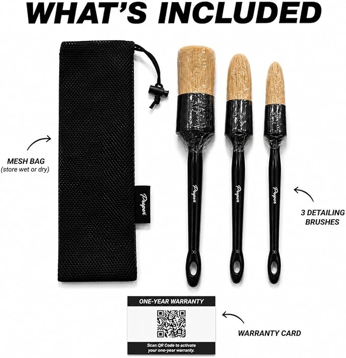 Car Detailing Brush Set, 3 Pack Interior and Exterior Detail Brushes, with Soft Boars Hair Bristles for Auto Interior & Exterior - for Cleaning Leather Seats, Air Vents, Wheels & Emblems