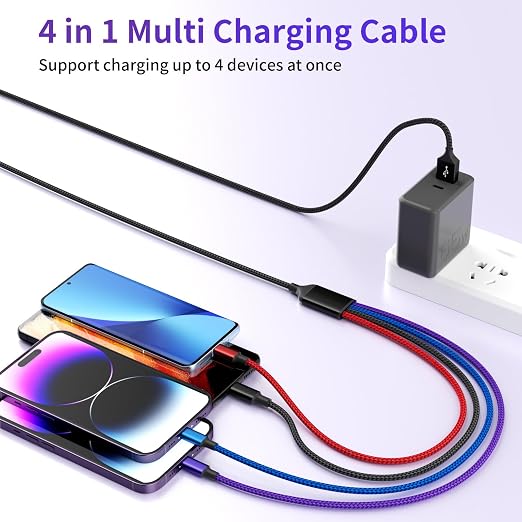 Dual IP 4 in 1 Multi Charging Cable [1Pack 5FT], Nylon Phone Charger USB Cable, Travel Charging Cords with IP/IP/Type C/Micro Port, Compatible with Most Cell Phones/Tablets and More