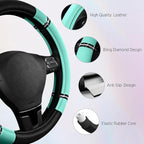 Road Comfort Leather Steering Wheel Cover – Premium Anti-Slip Car Steering Wheel Grip Cover – Universal Fit for 14.5”–15” Cars, Trucks & SUVs - Mint