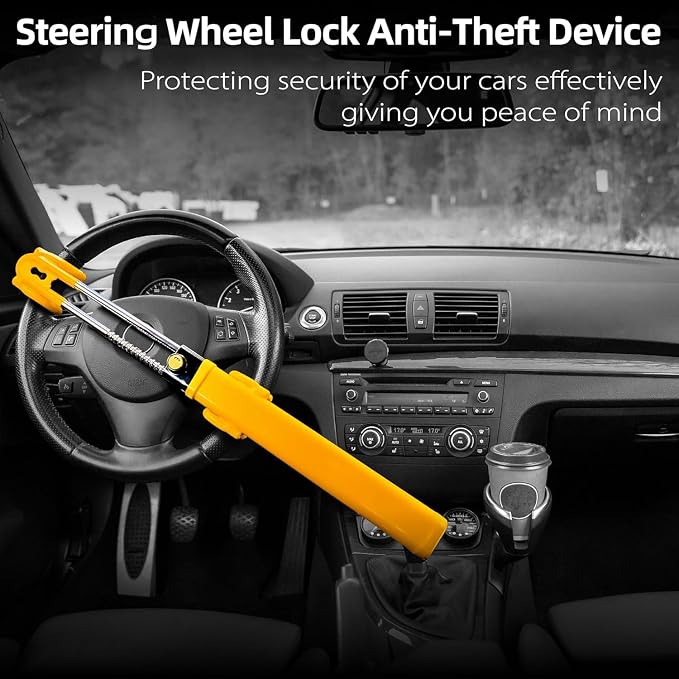 Steering Wheel Lock for car Universal Adjustable Length Anti-Theft Device Car Locks Double Hook Locks for Car SUV Pickup Truck Van(Yellow)