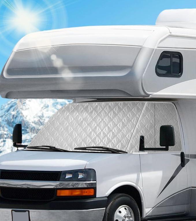 RV Windshield Cover for Chevy Express/GMC Savana 2001-2026, Class C Motorhome RV Front Window Sunshade Cover, for UV Protection & Privacy Shield, White with Mirror Cutouts