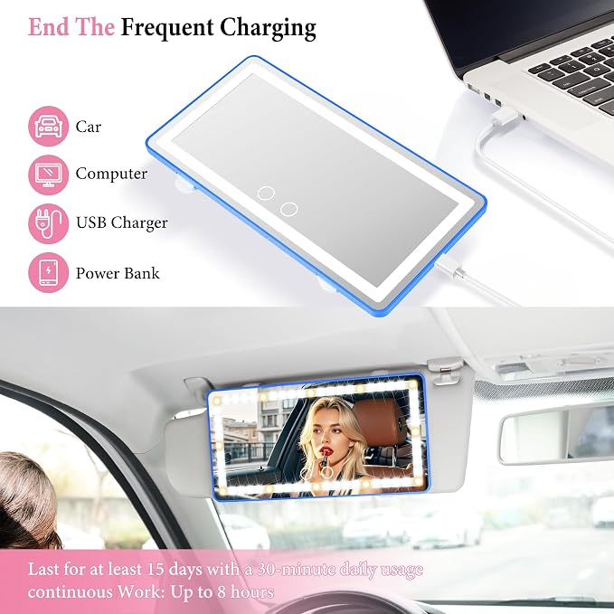 2PCS Car Sun Visor Vanity Mirror - Rechargeable Makeup Mirror with 60 LEDs, 3 Light Modes & Dimmable Touch Control for Cars, Trucks, SUVs, Car Interior Accessories for Women (Blue)