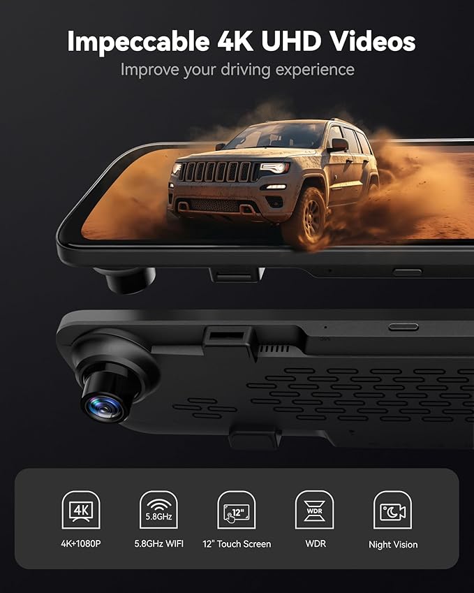 G840S 12" 4K Mirror Dash Cam Backup Camera, 5.8GHz WiFi Smart Rearview Mirror for Cars & Trucks, Front and Rear View Dual Cameras, Night Vision, Parking Assistance, Included 32GB Card & GPS