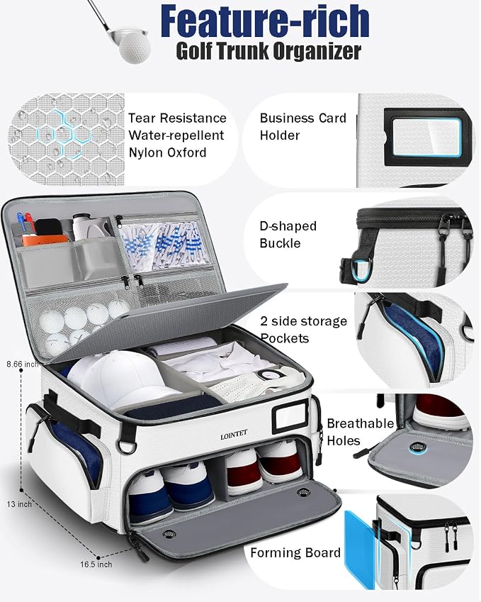 Golf Trunk Organizer, Waterproof Car Golf Locker with Separate Ventilated Compartment for 2 Pair Shoes, Golf Storage for Balls, Tees, Cap, Clothes, Gloves, Accessories, Gifts for Men, Women