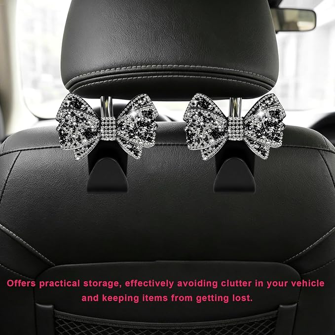 2PCS Bling Bow Car Seat Headrest Hooks, S-Type Crystal Auto Rear Seat Organizer for Handbags Purses Groceries, Cute Rhinestone Bow Seats Back Storage Hook for SUV Truck Sedan (Black)