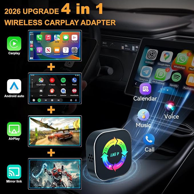 2026 Upgraded Wireless Carplay Adapter, 4 in 1 Screen Mirroring Support Mirror Link/AirPlay for Apple CarPlay & Android Auto, Mini USB/Type-C Plug & Play Car Play Adapter, Wired to Wireless