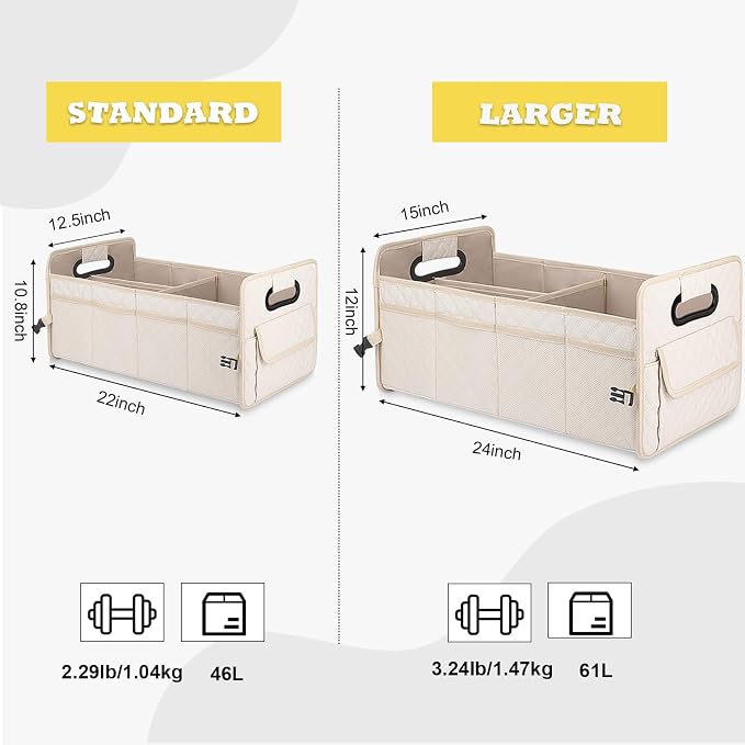 Car Trunk Organizer for SUV, Car Storage Organizer Collapsible Multi Compartment Container Box, Adjustable Car Accessories for Women/Men, Large Beige