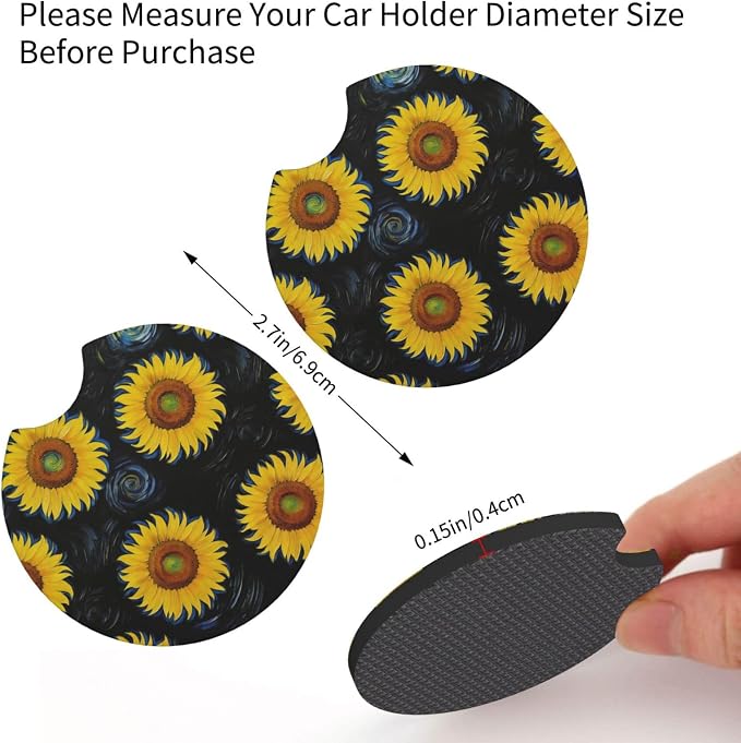 Sunflower Floral 3-Pc Car Set : Steering Wheel Cover + 2 Pc Car Coasters | Universal 14 - 15 Inch Breathable Anti Slip Sunflower Car Accessories Decor for Men Women