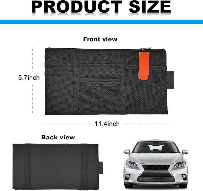 2 PCS Car Sun Visor Organizer, Auto Interior Visor Storage Pouch Holder with Zipper, Multi-Pocket Net Personal Belonging Organizer, Universal Car Accessory for Card, Document (Black)